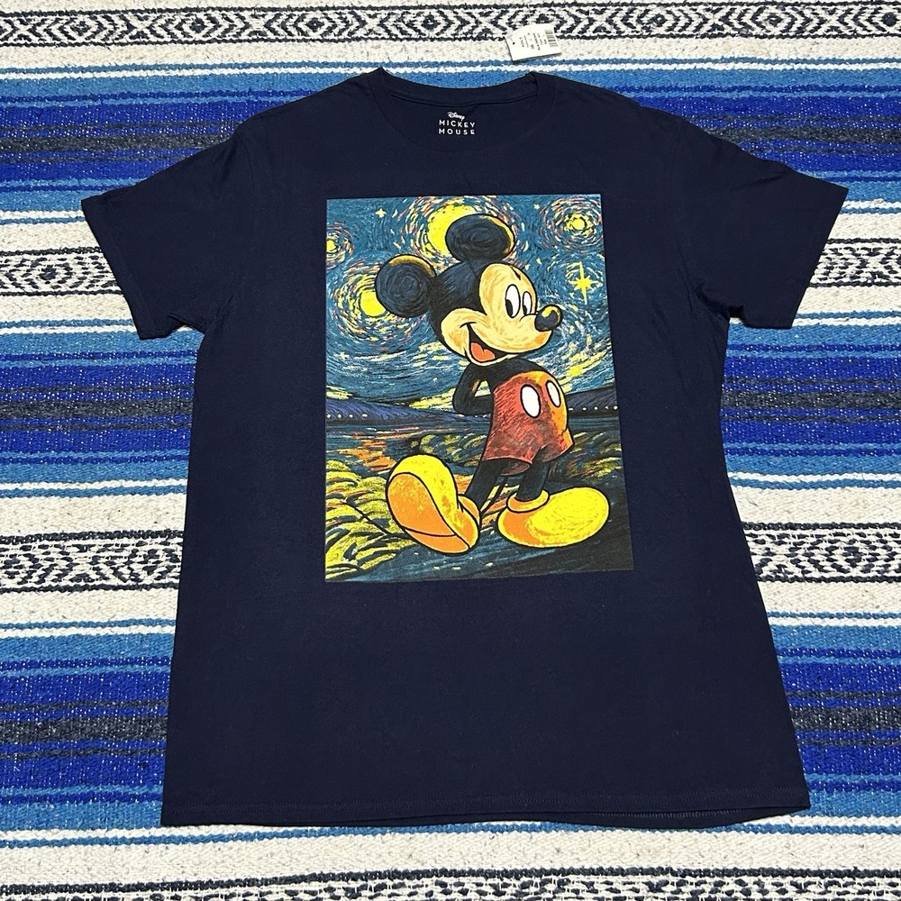NWTs Disney Mickey Mouse Starry Night Graphic Men's Navy Blue Cotton Shirt Large
